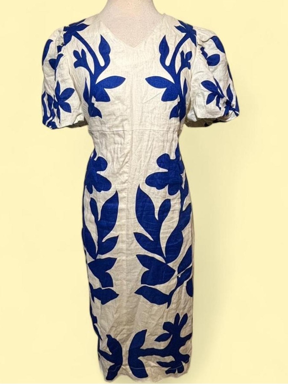Magaschoni White Midi Dress with Bold Blue Floral Appliqué